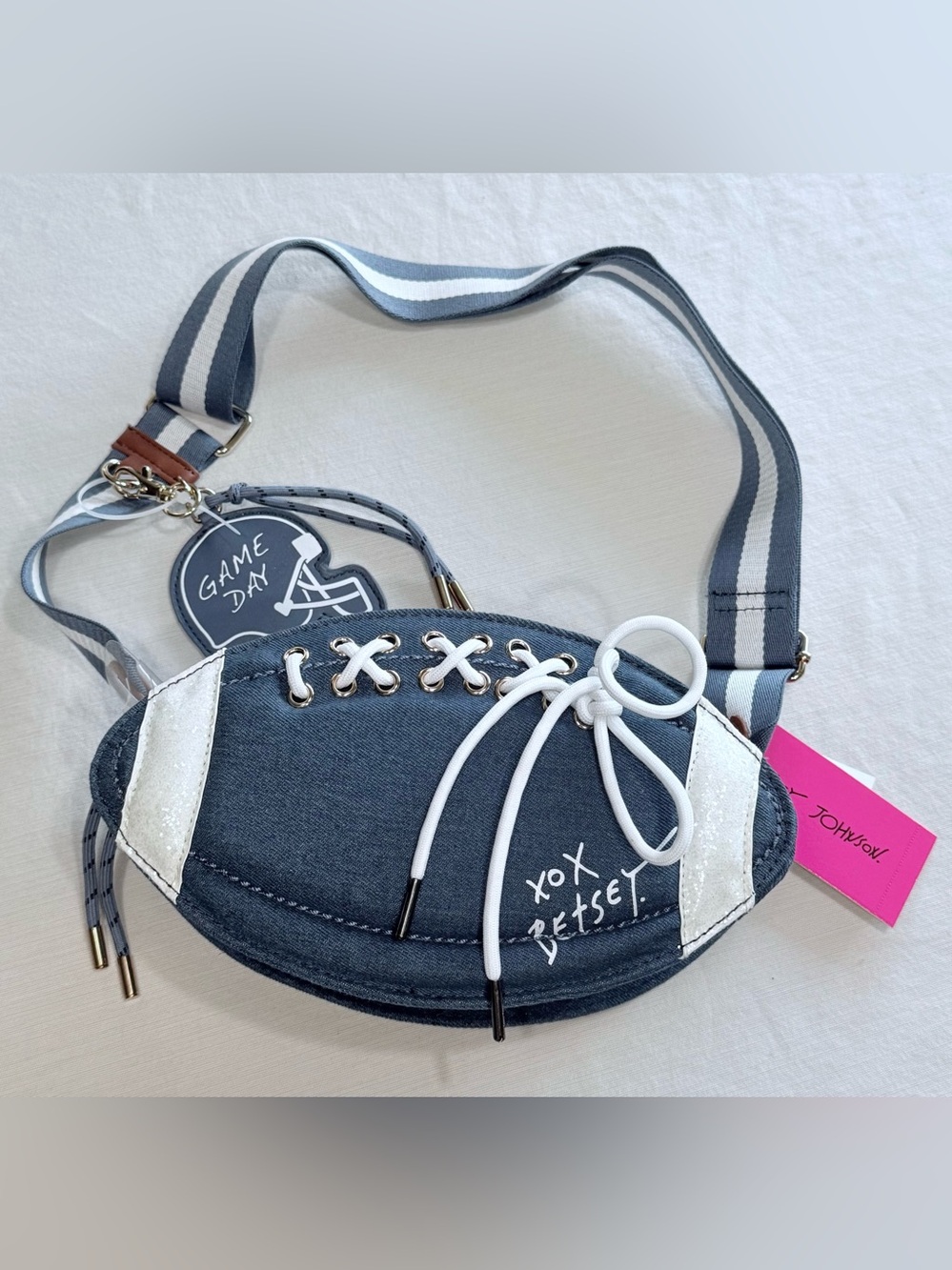 Betsey Johnson XO Fumble Blue Denim Football Purse White Glitter Detail Game Day